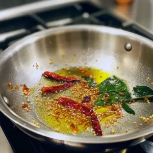 stainless steel pan on a stovetop, with hot oil sizzling as mustard seeds pop and crackle