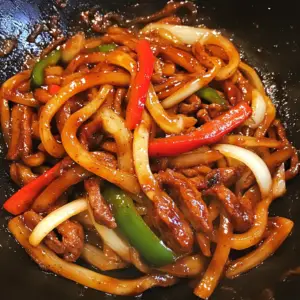 stir-fried pork strips, sliced red and green bell peppers
