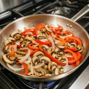 thinly sliced onions, red bell peppers, and sliced mushrooms being sautéed