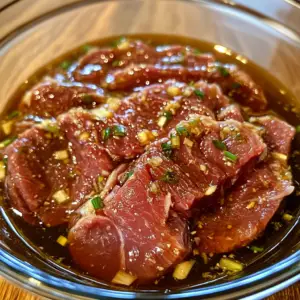 thinly sliced raw steak marinating in a rich, glossy mixture