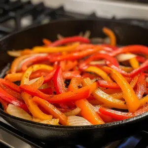 thinly sliced red bell peppers and onions sizzling