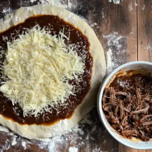 uncooked BBQ pulled beef pizza on a floured wooden surface