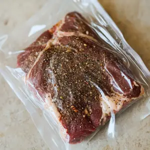 vacuum-sealed plastic bag containing a well-seasoned chuck roast