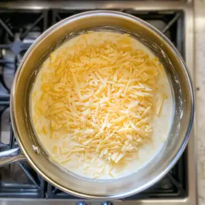 very large stainless steel saucepan with a sturdy handle sits on a stovetop over gentle heat