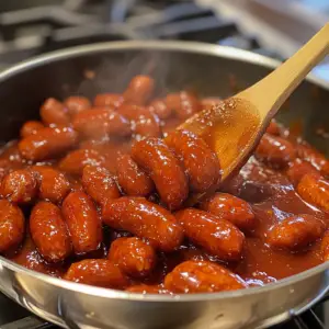 Cocktail sausages are being added into a thick, simmering red sauce
