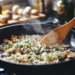 Finely chopped onions and minced garlic are being sautéed