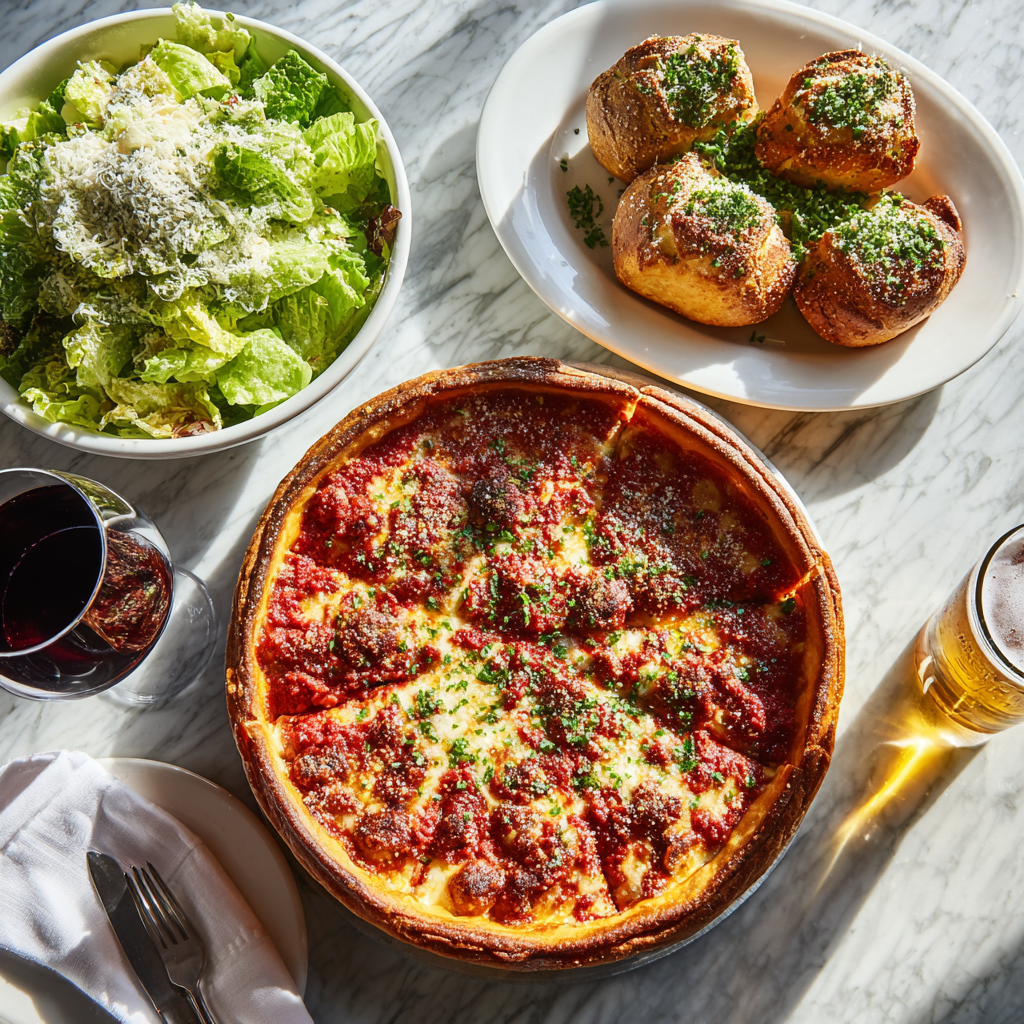 Freshly baked Chicago-style deep dish pizza