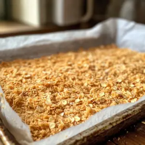 baking pan lined with parchment paper, where a layer of golden, crumbly oat mixture