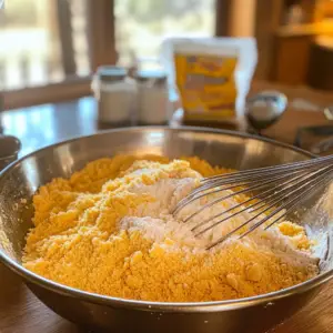 blend of yellow cornmeal, white flour, sugar, baking powder, baking soda