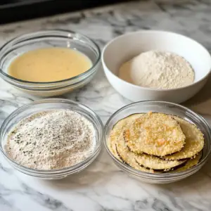 breading station for preparing Eggplant Parmesan