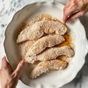 buttermilk coated tenders is being placed into a shallow dish