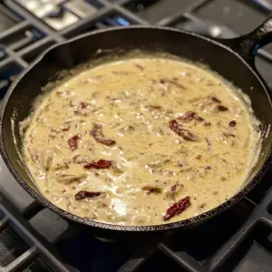 cast iron skillet with a handle on a stovetop, filled with a rich, creamy sauce
