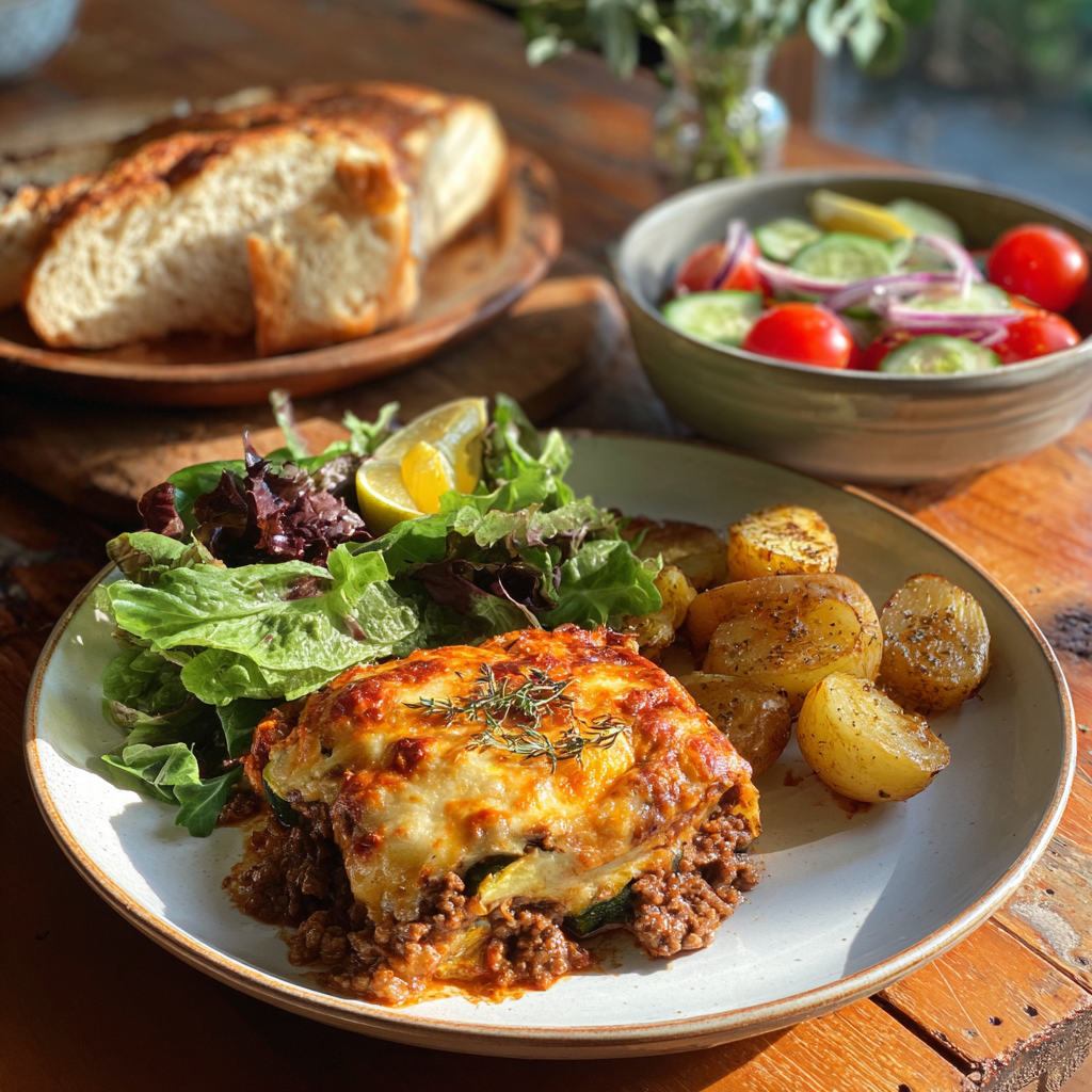 cheesy ground beef and zucchini casserole on a white ceramic plate