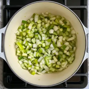 chopped onions, green bell peppers, and celery sizzling in hot oil