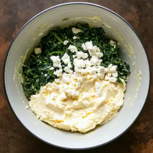 creamy mixture of ricotta cheese, crumbled feta, and beaten eggs