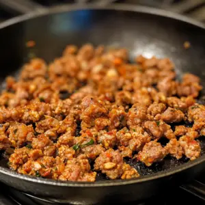 crumbled Italian sausage sizzling