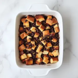 cubed brioche bread and evenly scattered semisweet chocolate chips