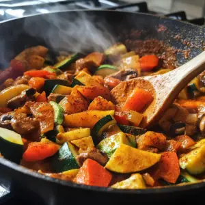 diced carrots, red bell peppers, zucchini, and sliced mushrooms mixed with vibrant spices