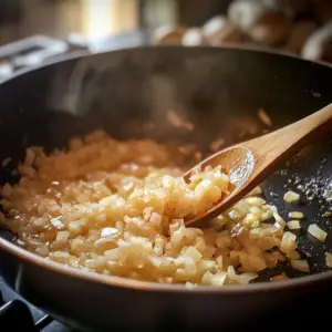 diced onions, minced garlic, and grated ginger are sizzling and turning translucent