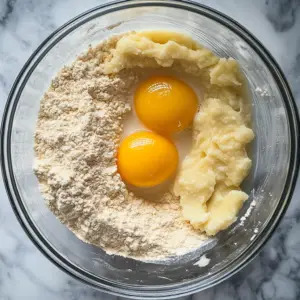 flour, mashed bananas, two egg yolks, and milk