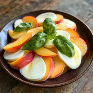 fresh peach slices and mozzarella rounds
