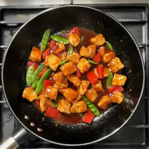 glossy Szechuan stir fry sauce sits on top of the ingredients