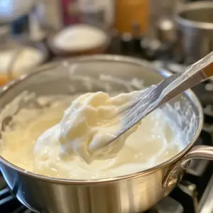 glossy, white icing mixture is being stirred with a spatula