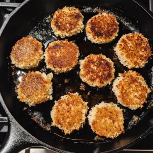 golden-brown vegan crab cakes sizzling in hot oil