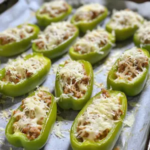 halved light green banana peppers stuffed with a creamy mixture