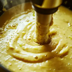 large pot filled with creamy, golden potato leek soup