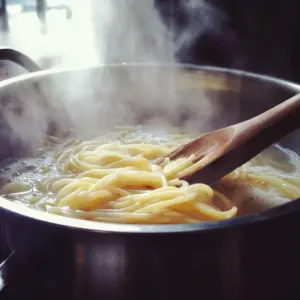 long spaghetti noodles are partially submerged