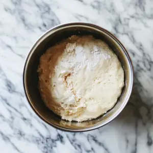 mixing bowl containing a combination of bread flour and water