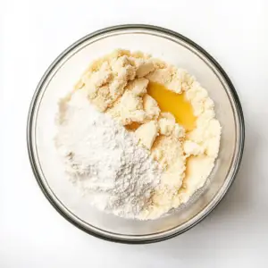 mixing bowl containing almond flour, powdered erythritol, and oil