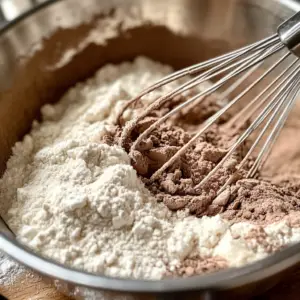 mixing bowl filled with a combination of flour, cocoa powder, salt, and baking soda