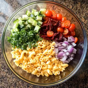 mixing bowl filled with cooled elbow macaroni and veggies