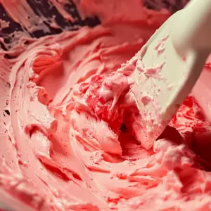mixing bowl filled with creamy, fluffy frosting as a vibrant red strawberry puree