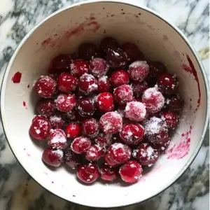 mixing bowl filled with fresh, halved cherries