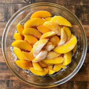 mixing bowl filled with freshly peeled and sliced peache