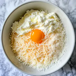 mixing bowl filled with ricotta cheese, shredded mozzarella, grated Parmesan, and a single egg yolk