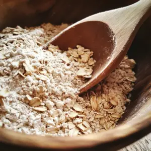mixing bowl filled with rolled oats, flour, brown sugar, baking soda, and salt