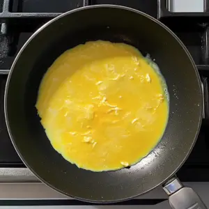 mixture of whisked eggs and milk is beginning to set