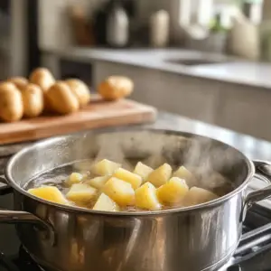 peeled and cubed Yukon Gold potatoes boiling in salted water