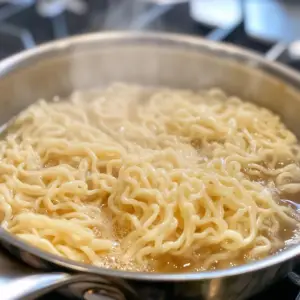 ramen noodles boiling in a stainless steel pan