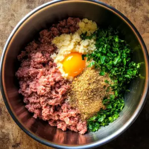 raw ground beef and ground pork, combined with golden breadcrumbs