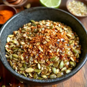 raw pumpkin seeds being coated in a rich blend of seasonings