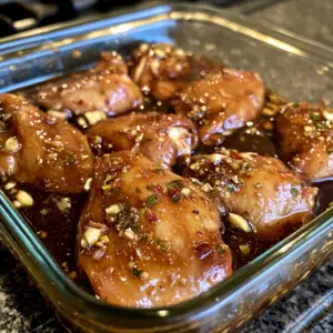 shallow glass dish filled with chicken thigh submerged in a rich, dark marinade
