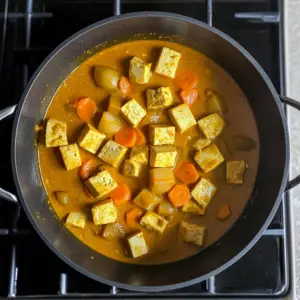 simmering mixture of tofu, Massaman curry paste