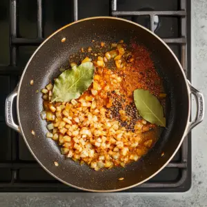 sizzling diced onions in golden oil