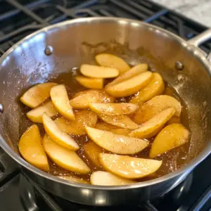 skinned apple slices gently simmering in melted butter
