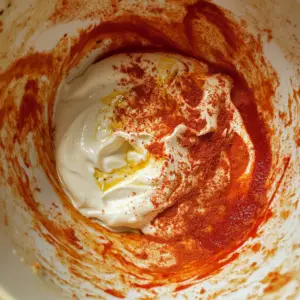 swirls of creamy white blending into the rich red and orange spices